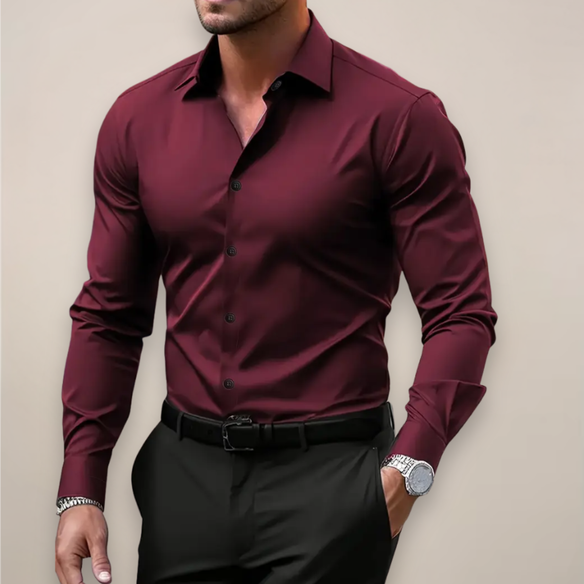 Camisa de manga larga hombre — cuello de muesca corte regular — oficina